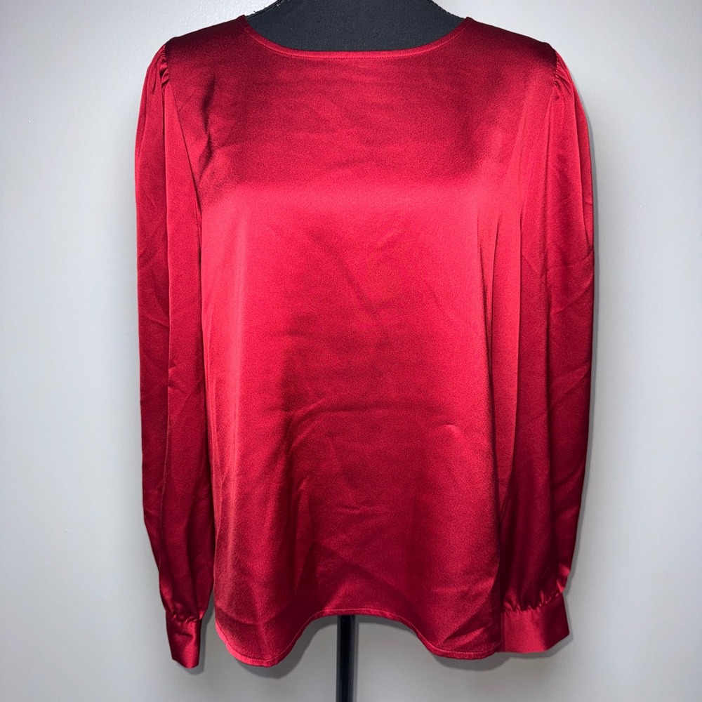 LOFT Womens Red Satin Puff Sleeve Dressy Blouse Crew Neck Keyhole Back Size L